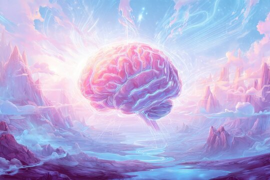 A large, vibrant pink brain floats above a serene, pastel landscape - Powered by Adobe