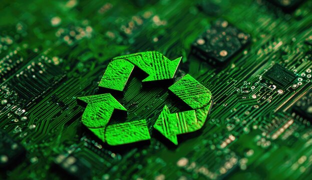 Green recycle symbol on a circuit board
