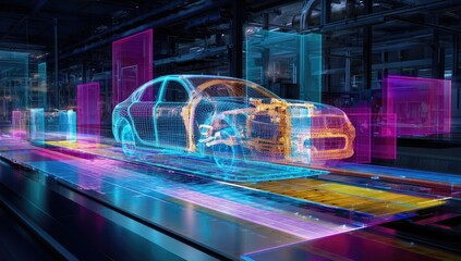 Car on a production line, with digital overlays