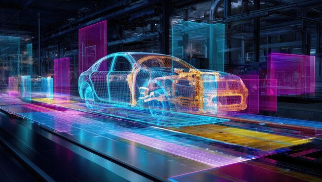 Car on a production line, with digital overlays