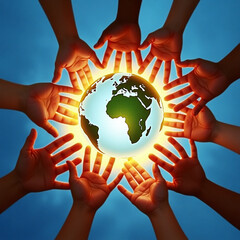 Hands reaching towards a glowing Earth, symbolizing global unity, community, and environmental protection for impactful visuals and marketing campaigns