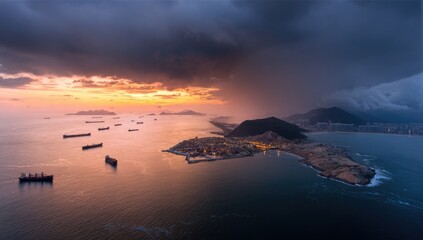 Aerial view of a coastal city at sunrise with stormy clouds