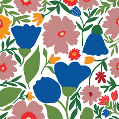 Vibrant folk art floral pattern with bold blue flowers and pink blossoms.A cheerful, repeating pattern featuring stylized flowers in bright blue, pink, orange, and yellow with green leaves.
