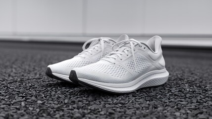 Stylish white athletic running shoes with intricate patterned uppers on a textured surface