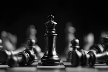A black chess king stands amidst defeated pieces on a chessboard