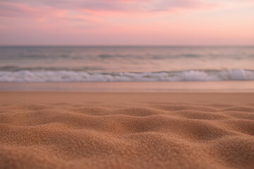 A serene beach close-up during sunset, with the soft waves lapping the golden sand and the sky filled with warm hues.