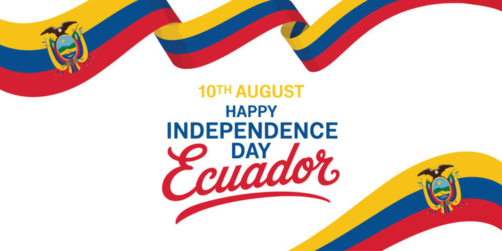 Ecuador Independence Day 10th August celebration featuring national ribbon in flag colors, festive text, and symbolic coat of arms design