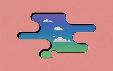 Pink puzzle piece cutout revealing sky with clouds