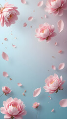 Delicate Pink Flowers and Petals Floating Against a Pastel Background.A visually stunning image showcasing multiple delicate pink flowers and petals in mid-air against a soft, gradient pastel blue bac