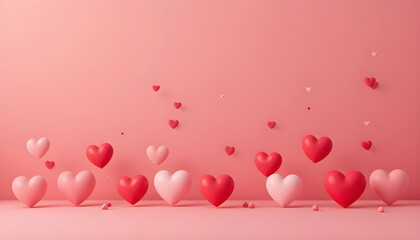 Floating Hearts in a Romantic Pink Setting.A vibrant, joyful image of various sized hearts, in shades of pink and red, floating against a soft, pastel pink background.