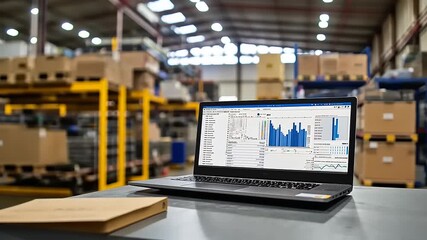 Laptop displaying analytics in a busy warehouse with stacked boxes and shelves in the background - Powered by Adobe