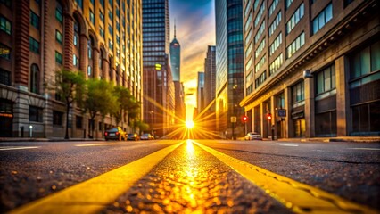 Fototapeta premium Urban Landscape at Sunset with Yellow Lines and City Buildings
