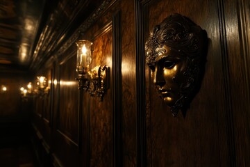 Ornate golden mask adorning dark wooden wall.