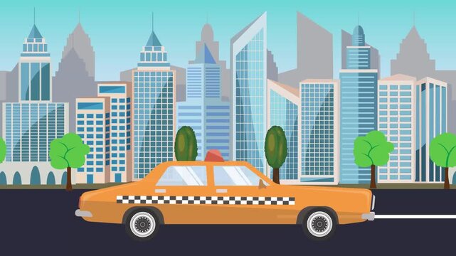 Auto mobile driving on the road in front of a city, cartoon animation