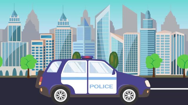 Police car driving on the road in front of a city, cartoon animation