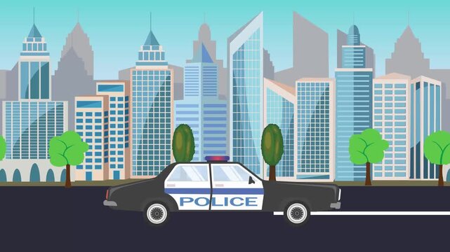 Police car driving on the road in front of a city, cartoon animation