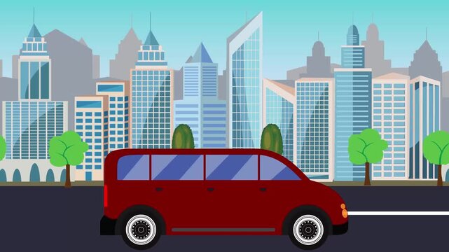 Auto mobile driving on the road in front of a city, cartoon animation