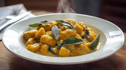 Gnocchi pasta served with sage leaves in creamy sauce on plate  