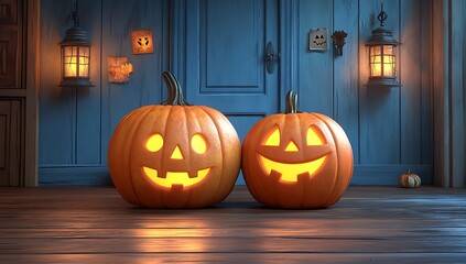 Obraz premium Two glowing jack o lanterns on wooden porch at night halloween pumpkin
