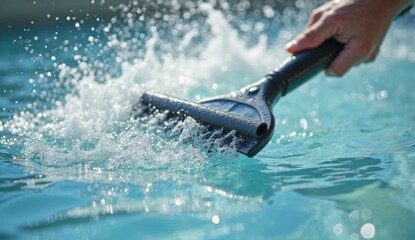 Dynamic close-up of a hand scrubbing a pool surface with a brush. Clear blue water with splashes conveys freshness and movement. Ideal for hygiene, maintenance, summer, and wellness themes
