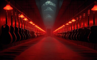 The Curing Oven A Long Shot Down the Cavernous Hallway Rows of Guitars Lit in Crimson, Creating a Dramatic and Intrigued Scene