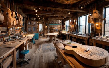Fototapeta premium Artisan's Workshop A Wide-Angle View of a Guitar Workshop filled with Instruments, Tools and Craftsmanship in a Rustic Setting