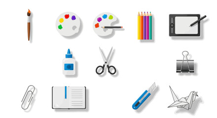 Collection of art supplies and stationery items, including paintbrushes, palettes, pencils, scissors, and paper.