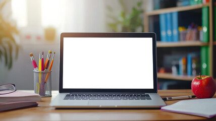 Fototapeta premium Presentation of a website about children's education. Laptop mockup. Back to school. September 1 is Knowledge Day. Autumn holiday. On the table is an open laptop, school notebooks