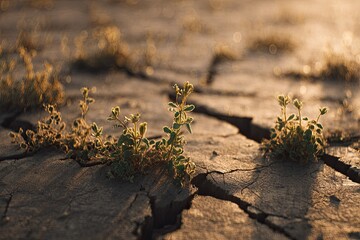 Cracked earth with small plants