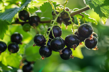 Blackcurrant berries growing on a branch in the garden close-up