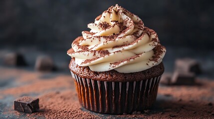 Rich chocolate cupcake topped with creamy frosting and dusted with cocoa powder set against a deep charcoal gray background