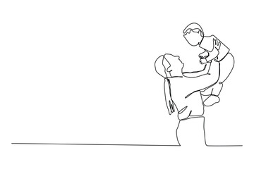 Continuous one line drawing of young happy mom raising and turning her daughter around up in the air at home vector graphic illustration. Family parenthood concept.