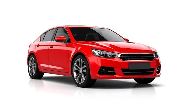 Red sedan against white background.  Glossy finish, front view