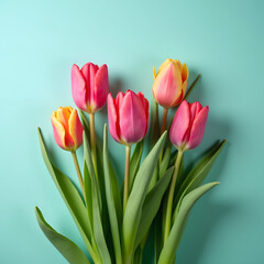 Fototapeta premium Bouquet of tulips on a blue background