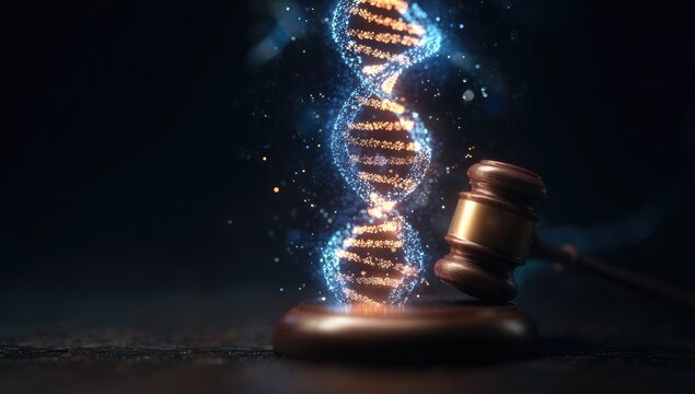 Glowing DNA strand hovering over a judge's gavel