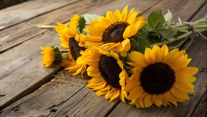 A bouquet of bright yellow sunflowers resting on a rustic wooden table
