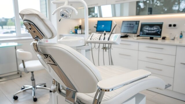 A modern dental chair in a clean and wellequipped clinic setting
