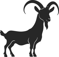 A solid black silhouette of a goat with horns and a beard, standing in profile on a light gray background.
