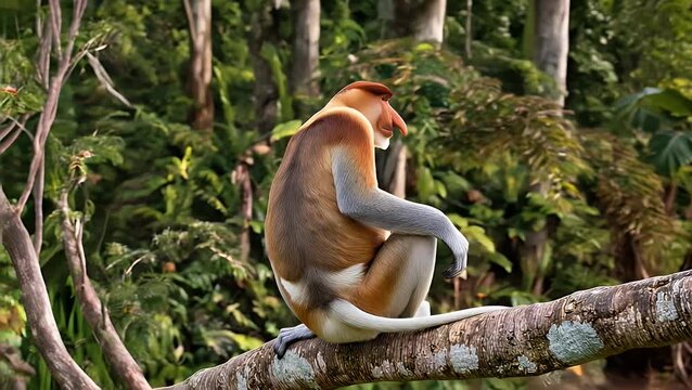 Proboscis Monkey Sitting on River Tree Branch