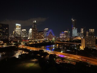 Beautiful Austin skyline at night with a stunning aerial drone view