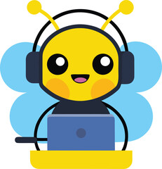 Friendly cartoon bee character wearing headphones and a headset smiling while working on a laptop computer representing customer service or tech support with a cheerful and approachable demeanor