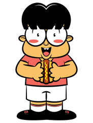 Cute Boy cartoon characters wearing eyeglasses, eating a Hot dog with mustard sauce. Best for sticker, logo, and mascot with fast food restaurant themes