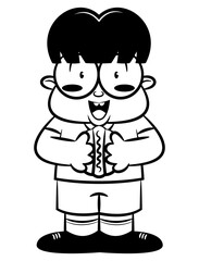 Cute Boy cartoon characters wearing eyeglasses, eating a Hot dog with mustard sauce. Best for outline, logo, and coloring book with fast food restaurant themes