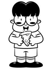 Cute Boy cartoon characters wearing eyeglasses, eating slice of pizza. Best for outline, logo, and coloring book with fast food restaurant themes