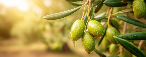 The fresh green olives hanging on a sunlit olive tree branch