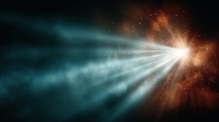 Dynamic cosmic explosion with swirling nebula and bright light beams illuminating tiny stars