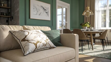 Fototapeta premium A modern living room with a sofa and dining area