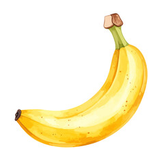 Ripe yellow banana with brown sugar spots and green stem, detailed watercolor style illustration.