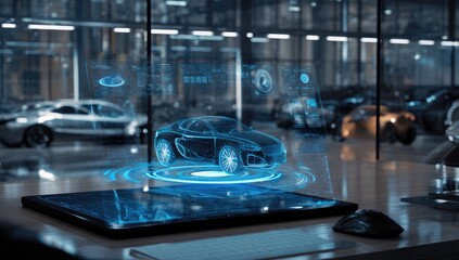 Futuristic car design displayed on a tablet in a modern showroom