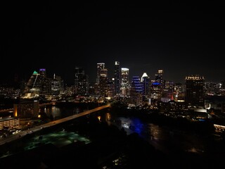 Fototapeta premium Beautiful Austin skyline at night with a stunning aerial drone view